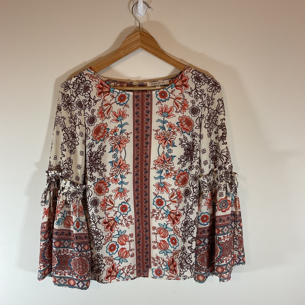 Rose + Olive Floral Boho Bell Sleeve Blouse Cream Orange Blue Small